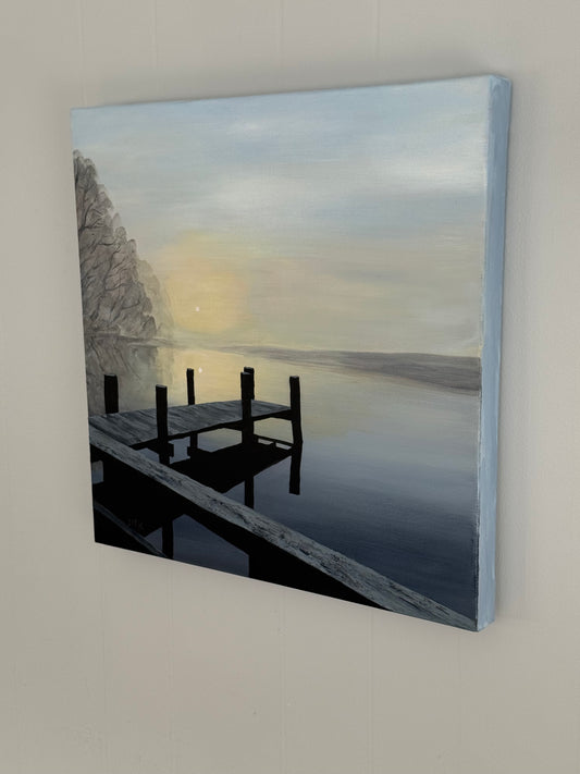Foggy Sunrise on the Water - 18x18" Original Acrylic Painting