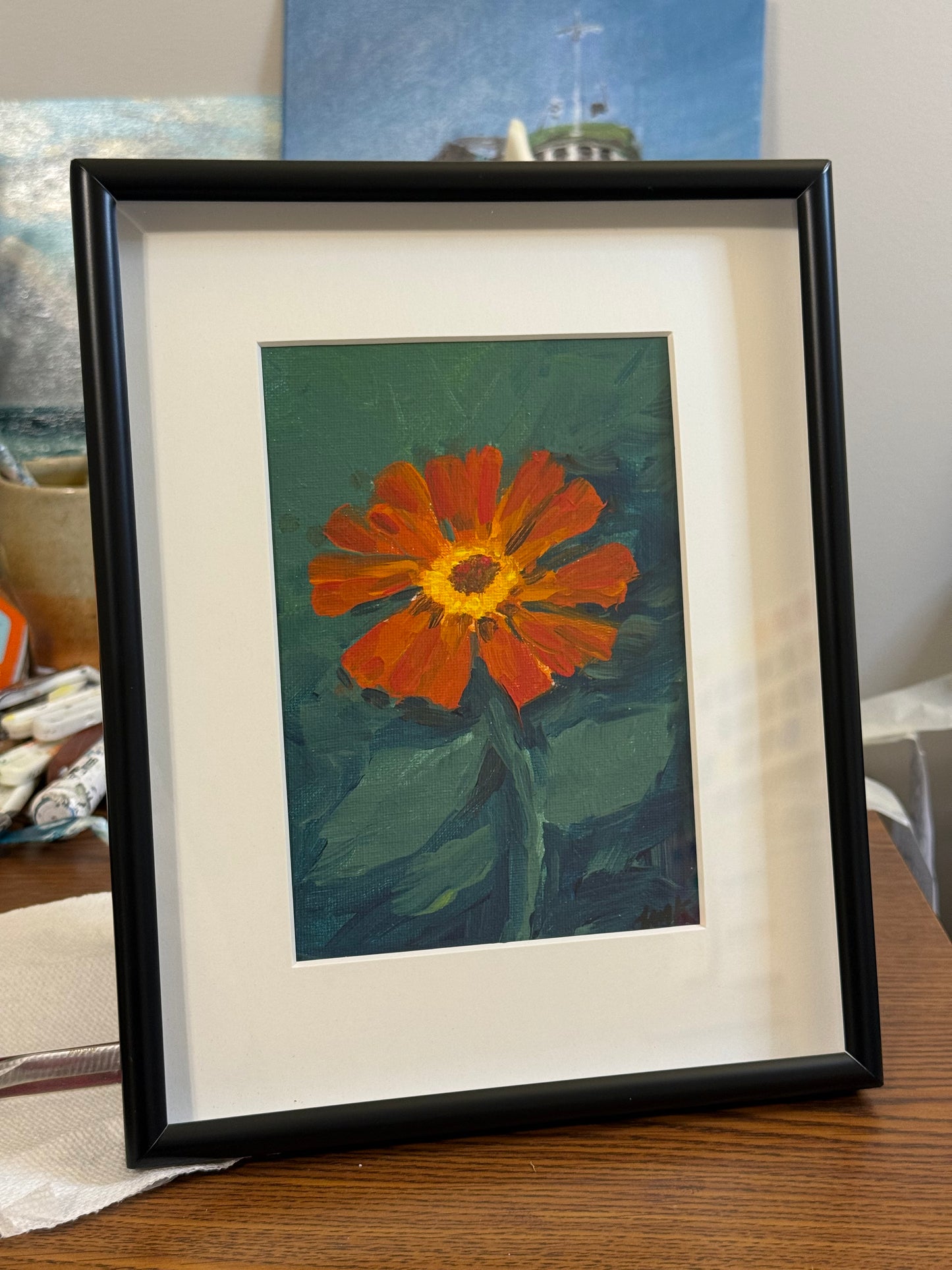 Orange Zinnia - 5x7" Framed Original Acrylic Painting