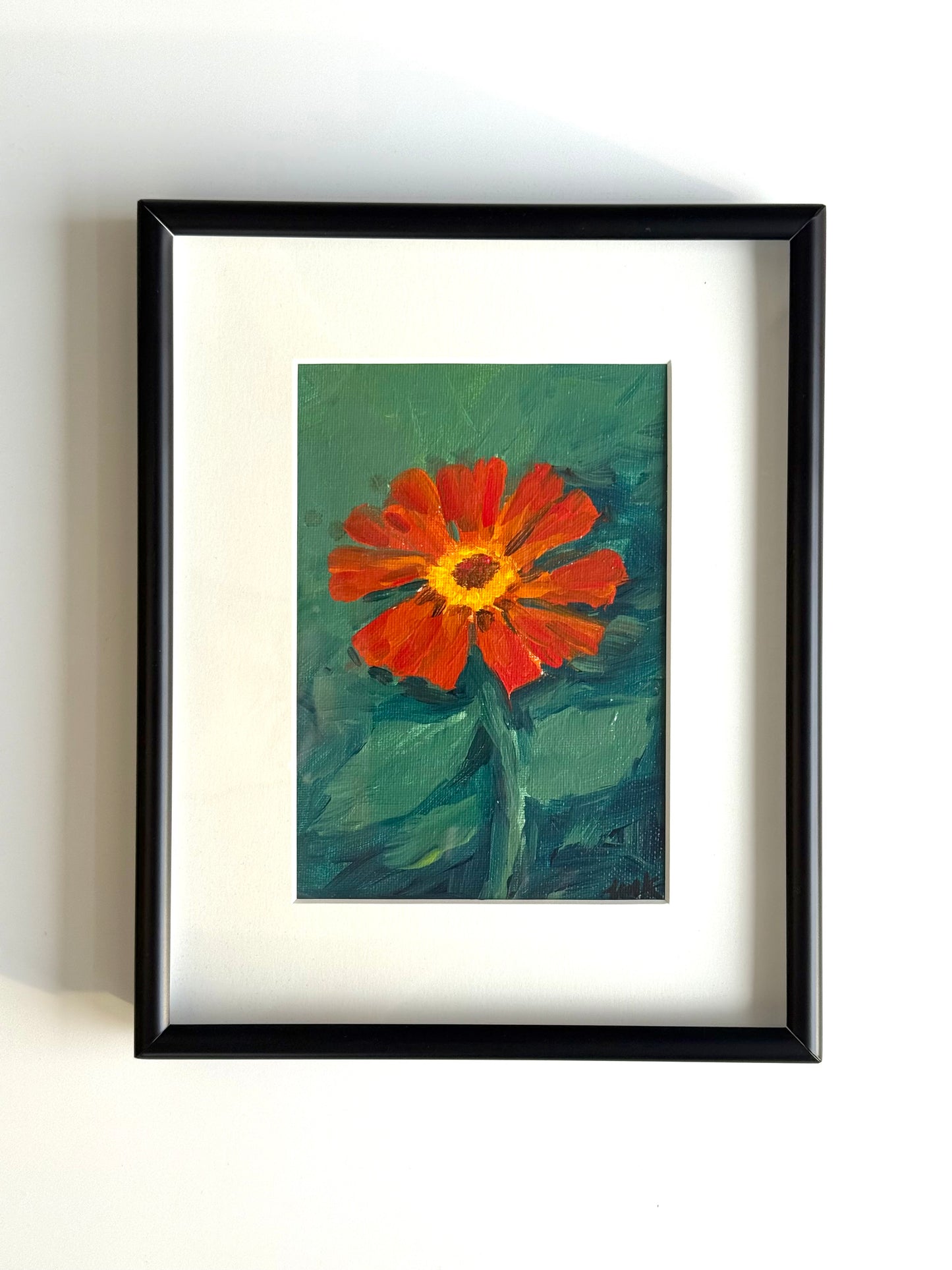 Orange Zinnia - 5x7" Framed Original Acrylic Painting