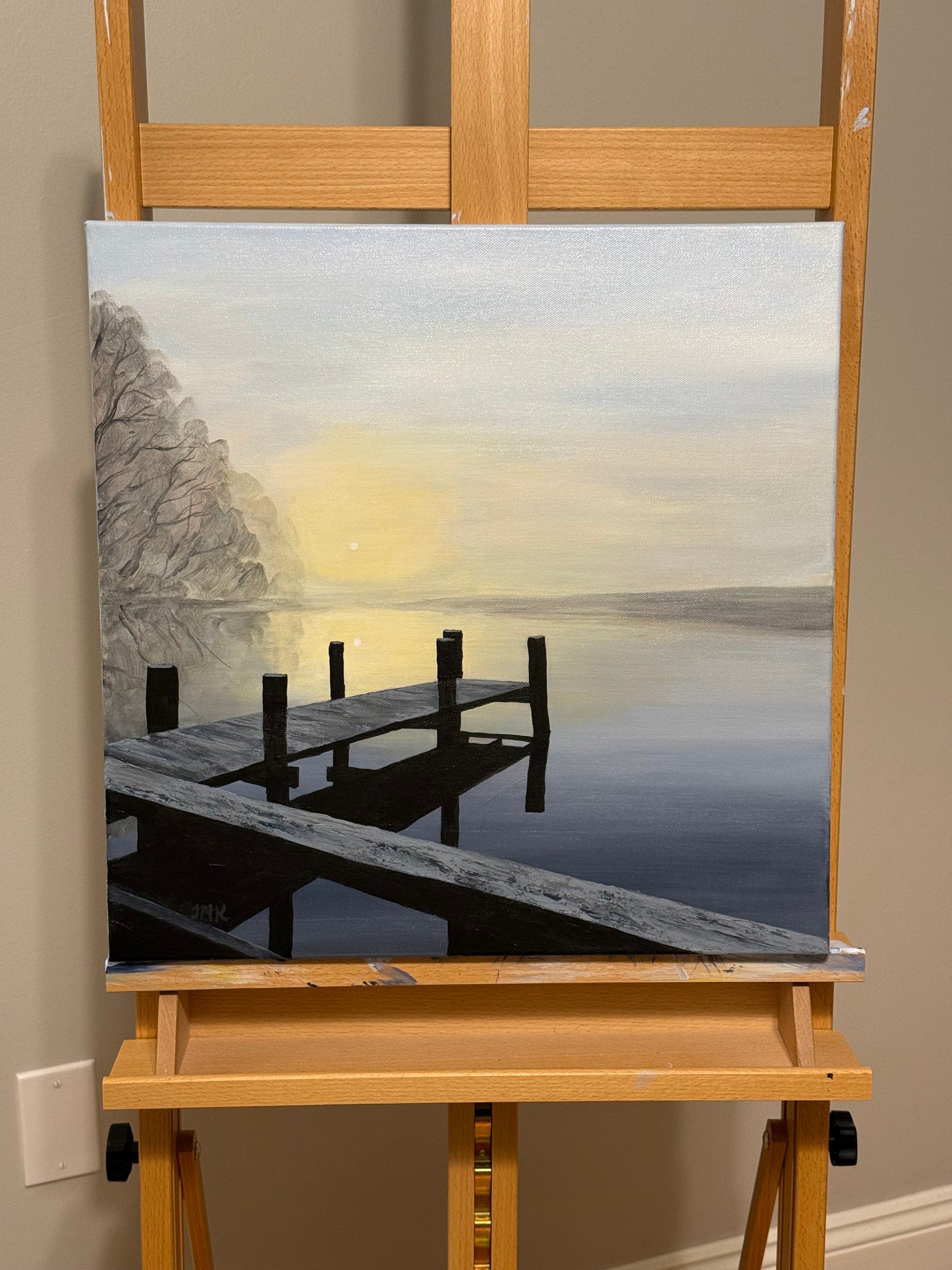 Foggy Sunrise on the Water - 18x18" Original Acrylic Painting