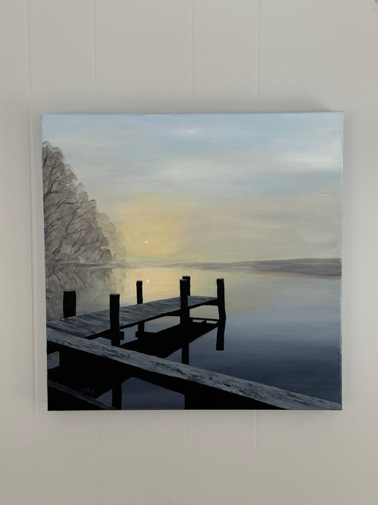 Foggy Sunrise on the Water - 18x18" Original Acrylic Painting