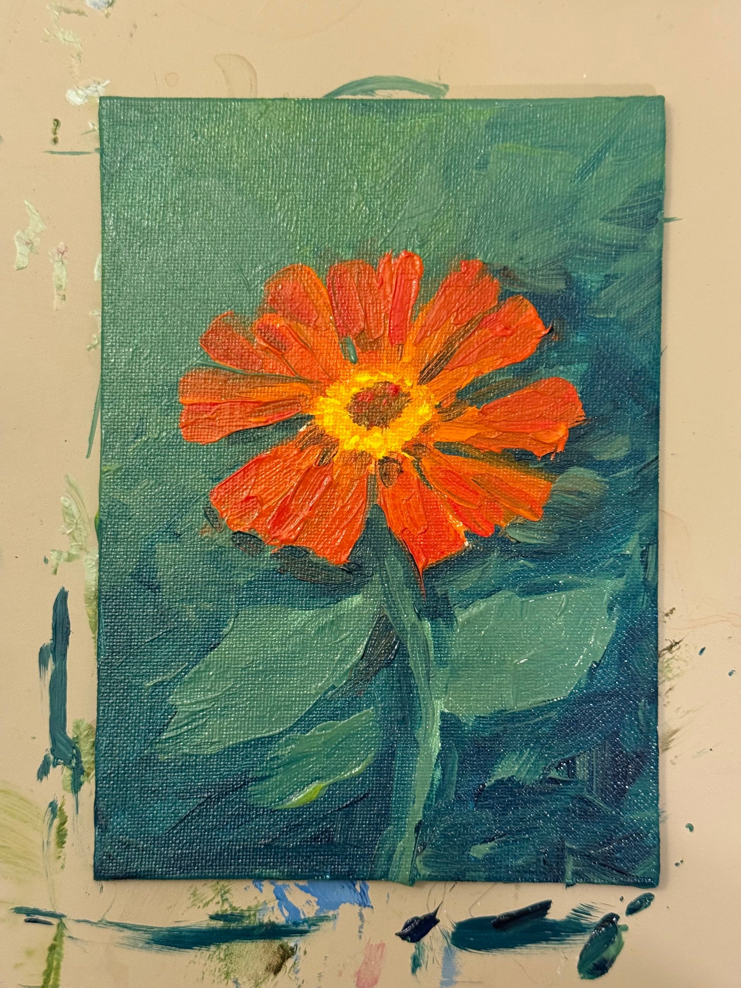 Orange Zinnia - 5x7" Framed Original Acrylic Painting