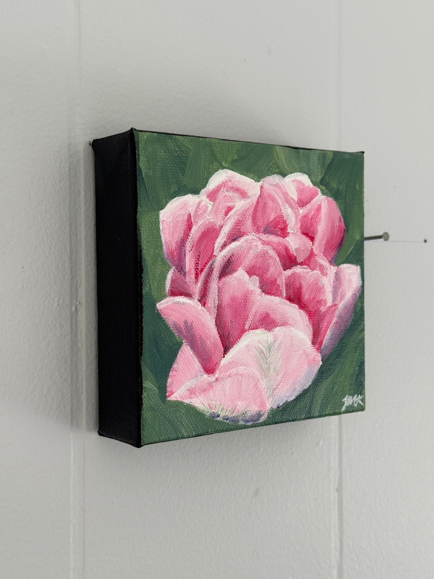 Pink Tulip Blossom Floral Painting - Original Acrylic Art, 5x5"