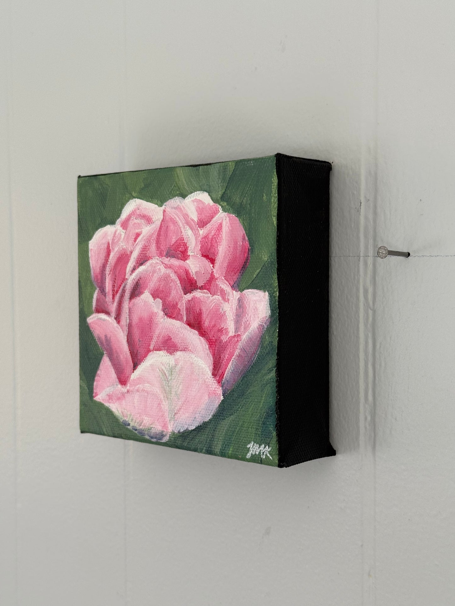 Pink Tulip Blossom Floral Painting - Original Acrylic Art, 5x5"